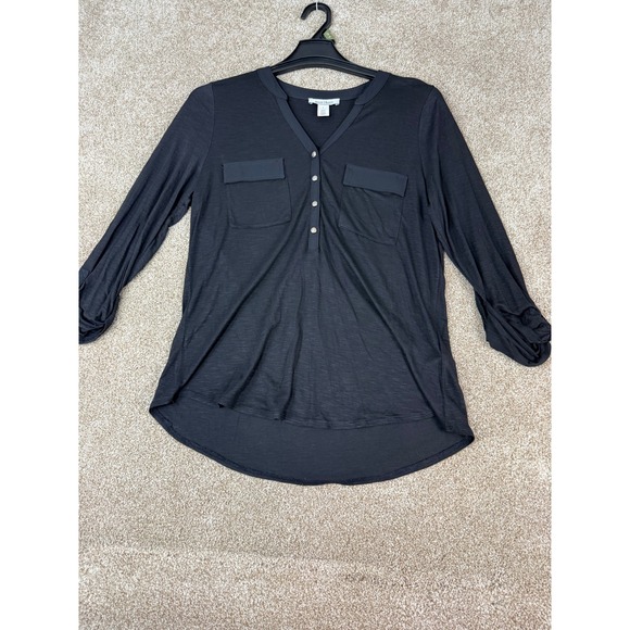 White House Black Market Tops - White‎ House Black Market Black Rayon Slub Henley High-Low Top Womens Large L